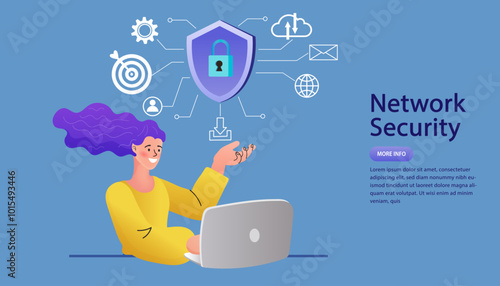 A person working on a laptop with a shield and lock icon, symbolizing online security, data protection, and secure internet connection for business and personal use. Vector illustration. 