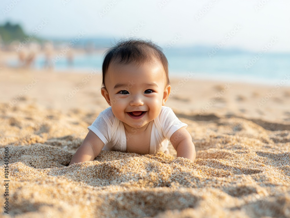 infant baby boy is playing on the sand at the beach infant baby boy is playing on the sand at the beach