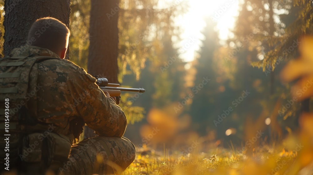 A hunter dressed in camouflage crouches behind a large tree, focused on aiming his rifle in a dense forest with vibrant autumn foliage A hunter dressed in camouflage crouches behind a large tree, focused on aiming his rifle in a dense forest with vibrant autumn foliage