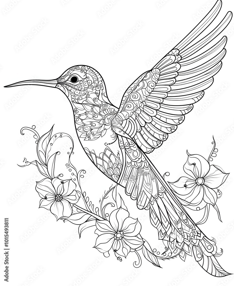 Obraz premium Mandala Hummingbird Line Art with Floral Elements