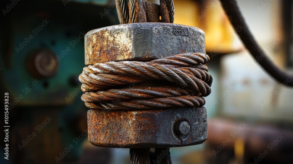 Weathered steel cable entwined around an aged pulley symbolizing industrial decline and the passage of time in machinery and equipment. Rust history and textures in metalwork Weathered steel cable entwined around an aged pulley symbolizing industrial decline and the passage of time in machinery and equipment. Rust history and textures in metalwork