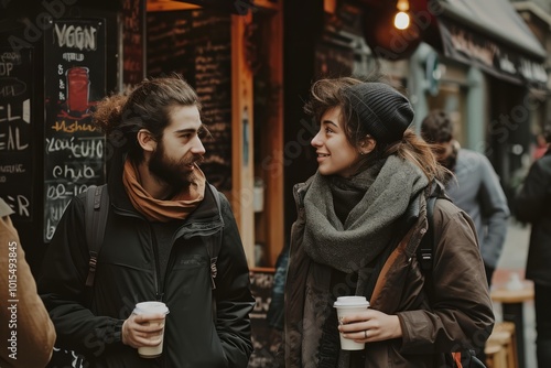 Couple in love drinking coffee in Paris, France. Man and woman walking on the street.