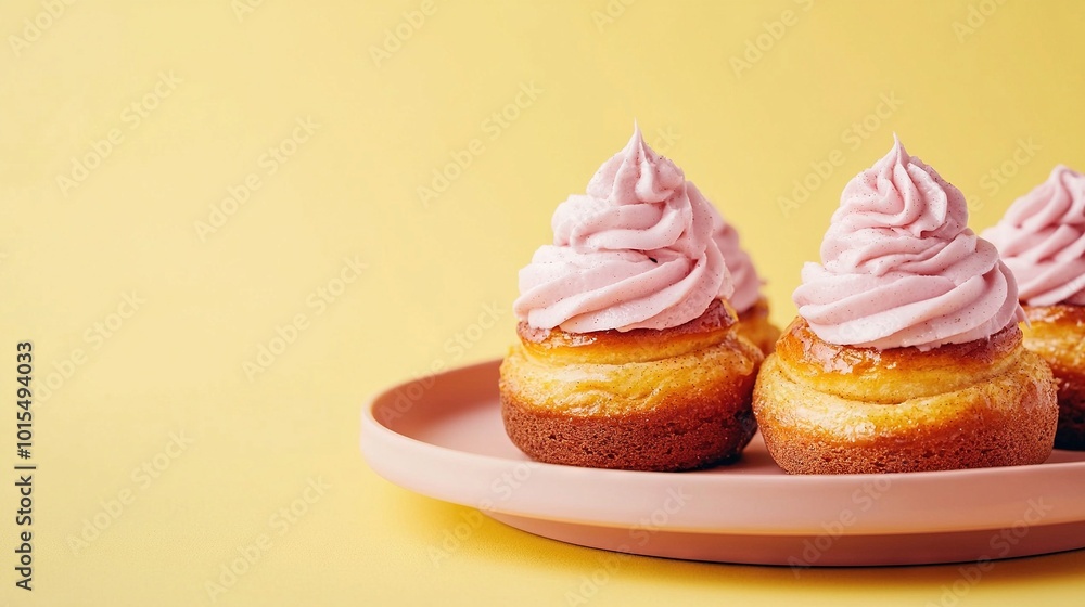 Three pink cupcakes with frosting on a yellow-background plate Three pink cupcakes with frosting on a yellow-background plate