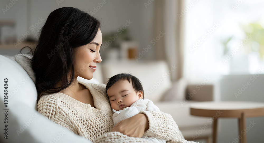 baby, and mom, asian mother is taking care of her infant new born baby on the sofa ion her peaceful home baby, and mom, asian mother is taking care of her infant new born baby on the sofa ion her peaceful home