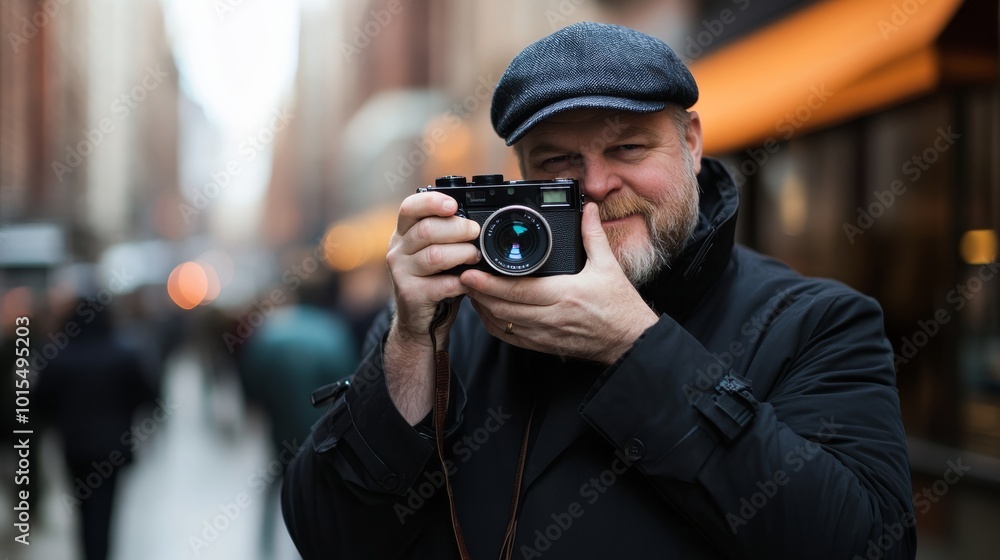 A photographer in a stylish black trench coat and newsboy cap holds a vintage film camera up to his face while surrounded by a bustling urban environment, embodying street photography energy A photographer in a stylish black trench coat and newsboy cap holds a vintage film camera up to his face while surrounded by a bustling urban environment, embodying street photography energy