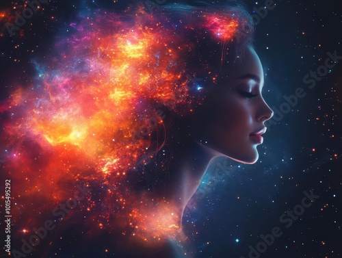 fantasy portrait of a beautiful woman in double exposure. her profile is adorned with colorful digital paint splashes resembling a cosmic nebula, merging fantasy with vibrant expression