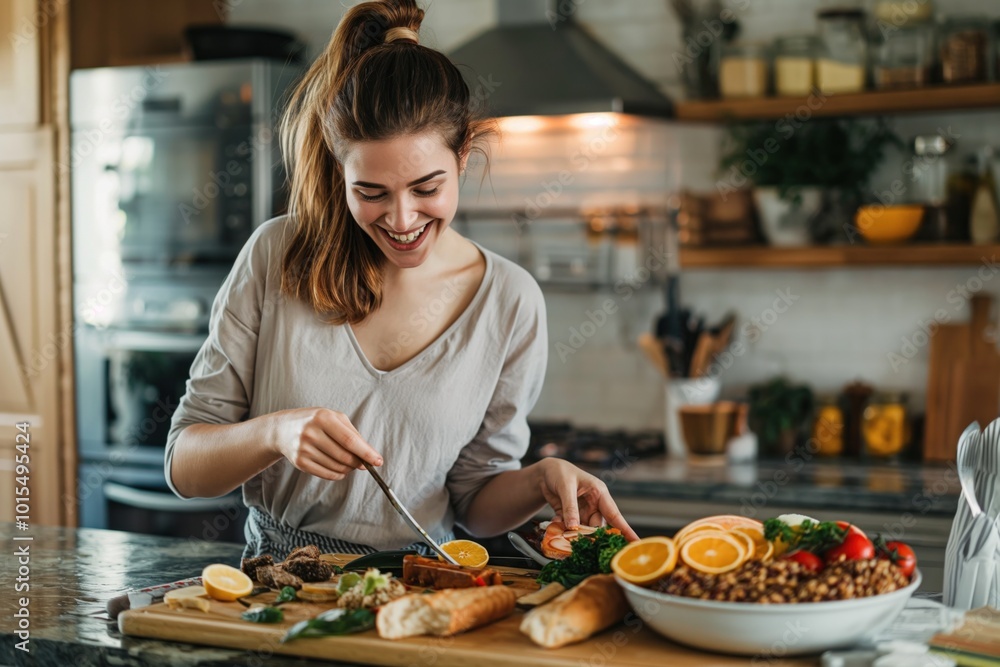 Woman prepares meal at kitchen counter. Focused on ingredients, including fresh fruit, bread, and cutting board. Stainless steel oven, sink, and window with blinds create modern kitchen setting. Woman prepares meal at kitchen counter. Focused on ingredients, including fresh fruit, bread, and cutting board. Stainless steel oven, sink, and window with blinds create modern kitchen setting.