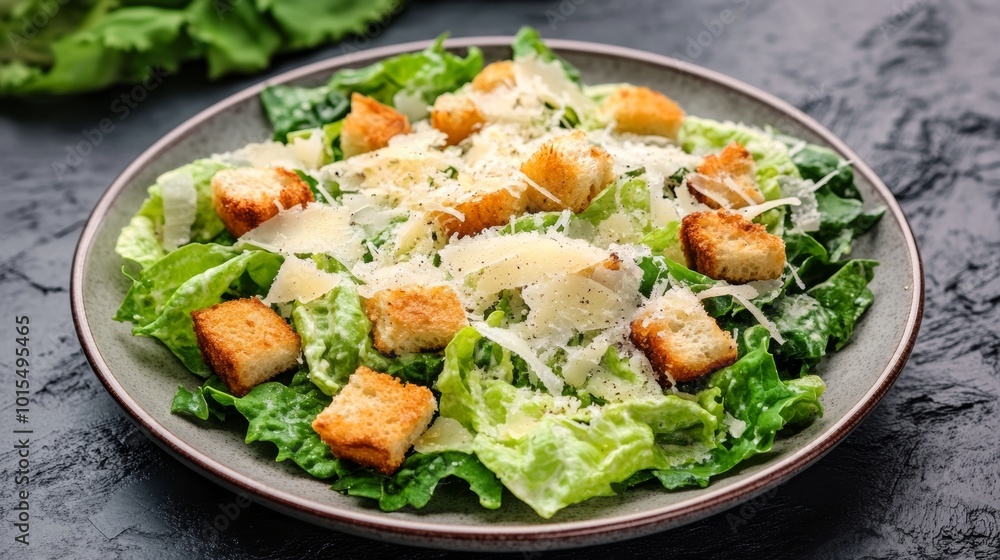 Fresh and Vibrant Caesar Salad Served in a Modern Ceramic Plate on Slate Table Emphasizing Culinary Art and Gourmet Dining Experience Fresh and Vibrant Caesar Salad Served in a Modern Ceramic Plate on Slate Table Emphasizing Culinary Art and Gourmet Dining Experience