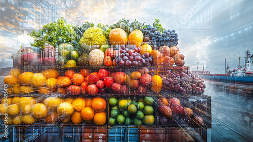 A cargo ship loaded with containers and fresh vegetables, symbolizing global food transportation and logistics. 