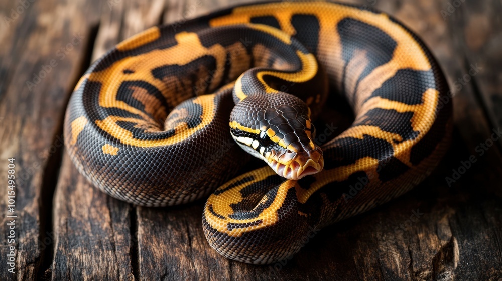 A ball python coiled in a relaxed pose on a wooden surface, showcasing the unique patterns and colors of its skin. A ball python coiled in a relaxed pose on a wooden surface, showcasing the unique patterns and colors of its skin.
