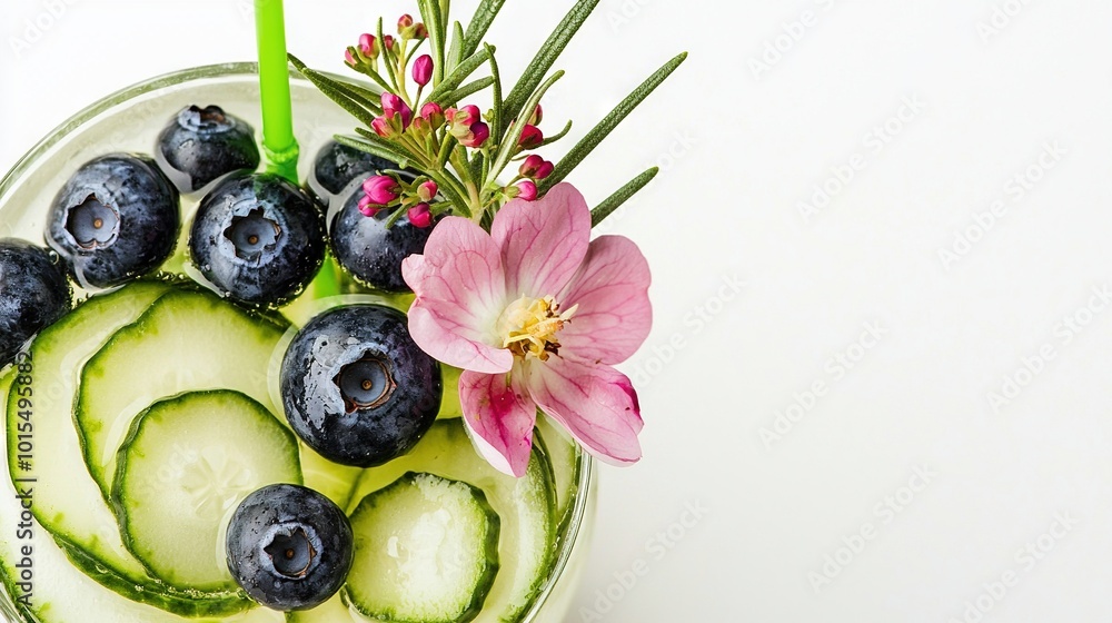 A cucumber and blueberries placed with flowers in a vase A cucumber and blueberries placed with flowers in a vase