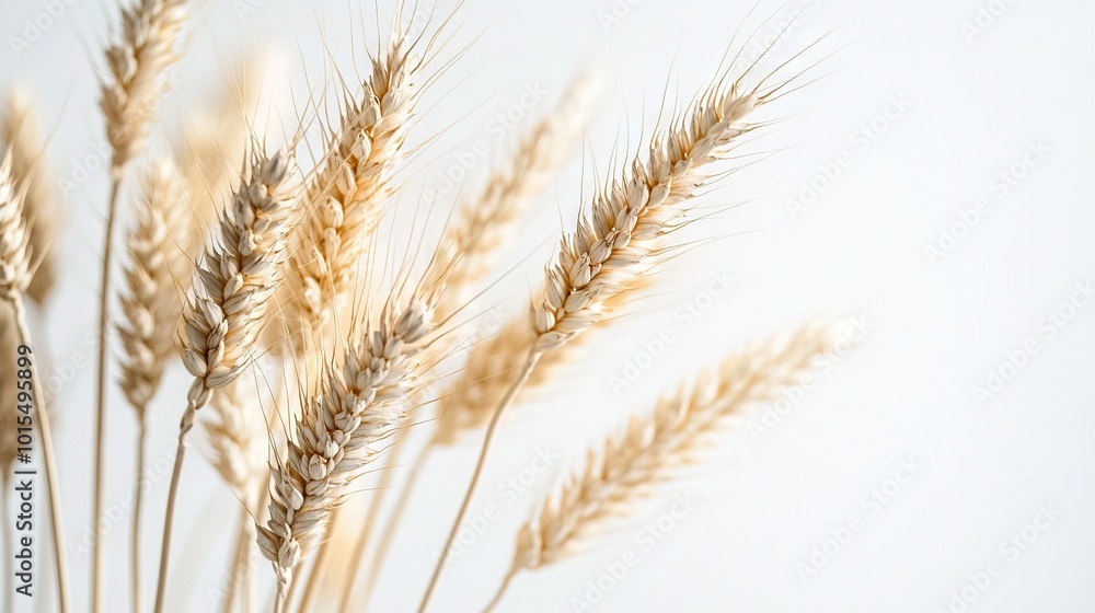 A close-up of wheat grains against a white background with blurred detail A close-up of wheat grains against a white background with blurred detail
