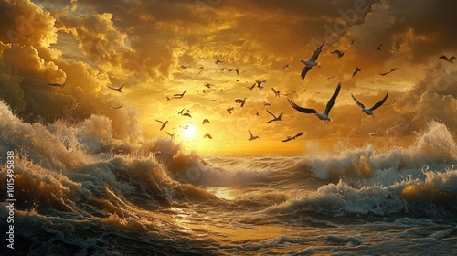 A flock of birds in flight over a dramatic ocean scene, with crashing waves and a golden sunset illuminating the sky