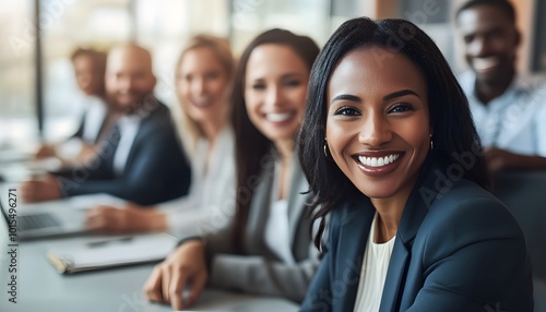 A Confident Businesswoman Smiling with a Team Behind Her