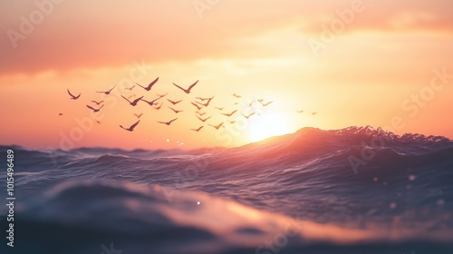 A flock of birds flying over the ocean waves at dusk, with the last rays of the sun lighting up the sky in shades of orange and pink