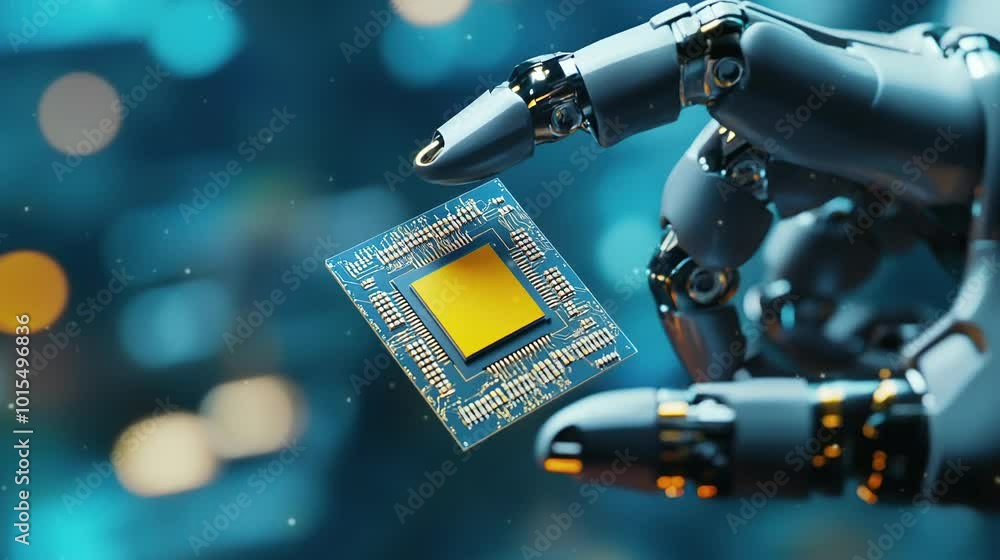 Computer chips on an AI robot's hand, futuristic technological concept ...