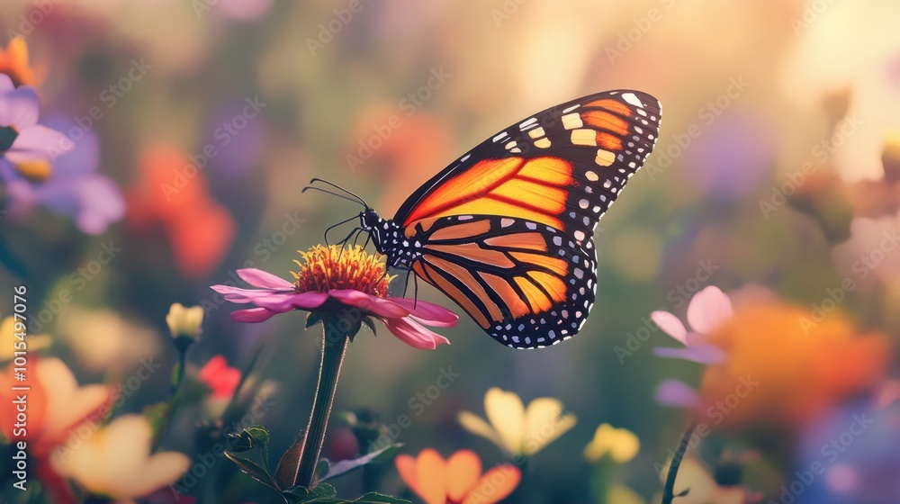 A butterfly perched on a blooming flower, with vibrant colors in both the wings and petals, set in a sunny meadow. A butterfly perched on a blooming flower, with vibrant colors in both the wings and petals, set in a sunny meadow.