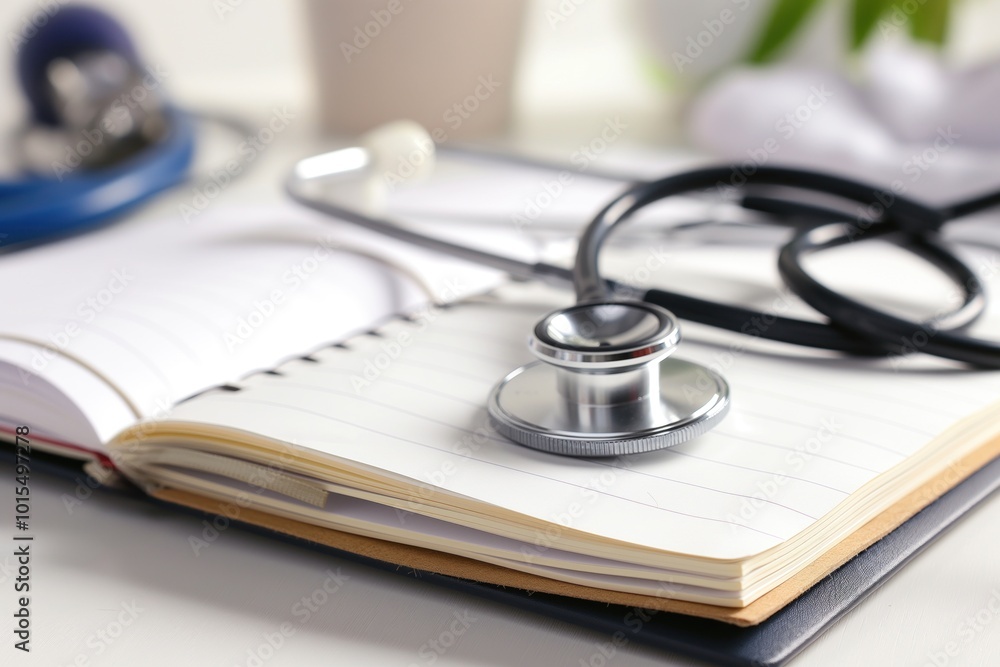 Medical notebook and stethoscope on white desk. Close-up of healthcare professional equipment. White medical bag on desk. Doctor office, clinic, hospital setting.