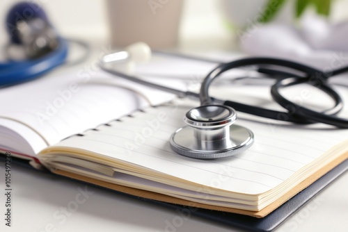 Medical notebook and stethoscope on white desk. Close-up of healthcare professional equipment. White medical bag on desk. Doctor office, clinic, hospital setting.