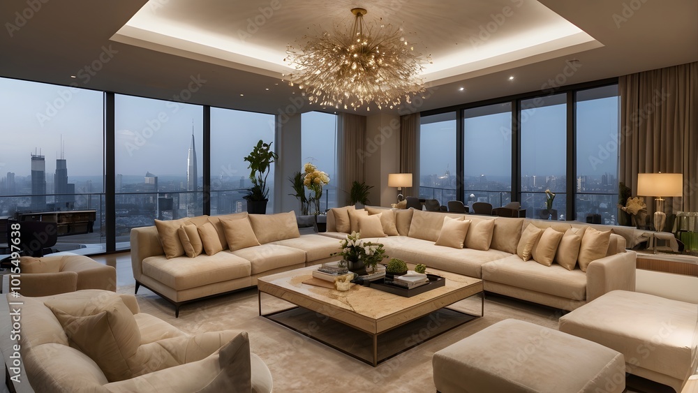 custom made wallpaper toronto digital Luxury Living Room with Panoramic Views, Crystal Chandelier, and Sophisticated Interior Design.