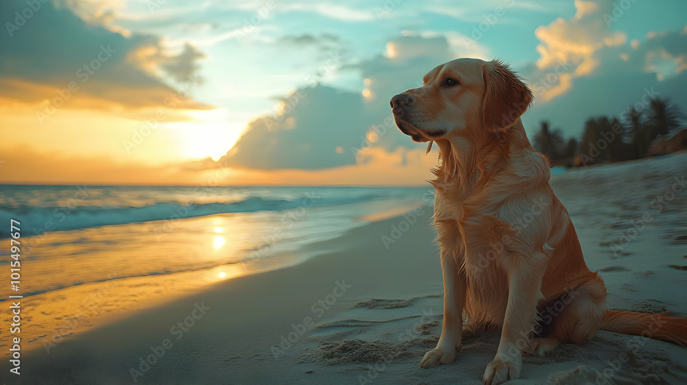 Golden Retriever Watching Sunset on Beach Illustration Golden Retriever Watching Sunset on Beach Illustration