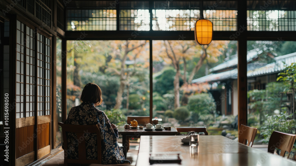 beautiful JApanese model in kimono is holding tea cup watching the beautiful landscape zen garden from the seating in living room beautiful JApanese model in kimono is holding tea cup watching the beautiful landscape zen garden from the seating in living room