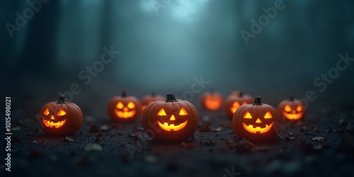 Vibrant Halloween scene, Orange pumpkins, different evil faces, Joyful Halloween, enjoying festivities, Autumn holiday, dark Night, top view, copy space. poster