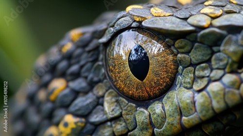 A close-up of a snake's eye, capturing the detailed scale patterns around it and the intense gaze of the reptile.