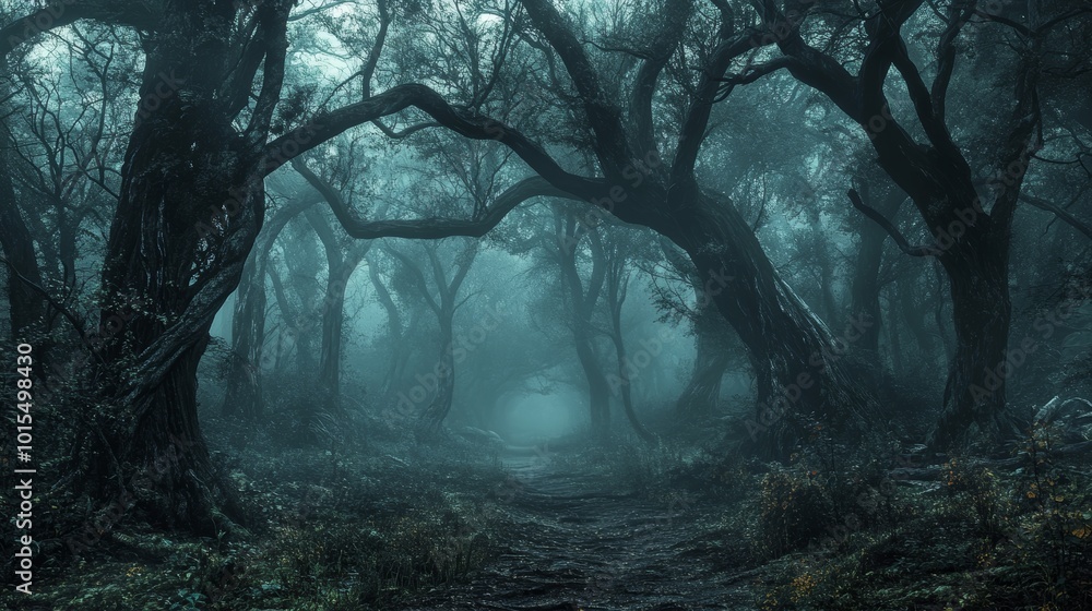 Enchanted Misty Forest in Ethereal Halloween Landscape Mysterious Atmosphere Surrounded by Shadows and Whispering Trees for Fantasy Adventures