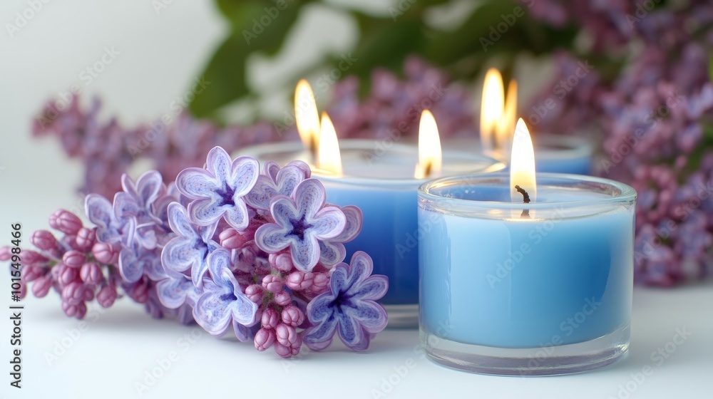 Lilac Blooms Accented by Blue Candles Creating a Serene Ambiance for Relaxation and Tranquility in Home Decor and Floral Arrangements Lilac Blooms Accented by Blue Candles Creating a Serene Ambiance for Relaxation and Tranquility in Home Decor and Floral Arrangements