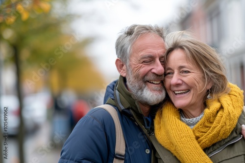 Portrait of happy senior couple embracing on the street in autumn.