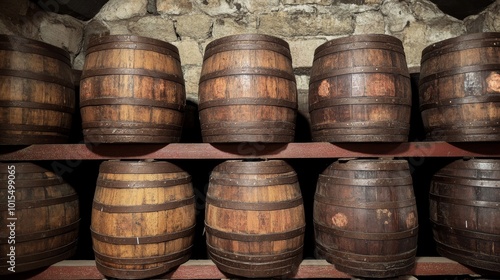 Weathered wooden casks stacked in a dimly lit cellar showcasing rustic charm and vintage character perfect for storage winery or distillery ambiance