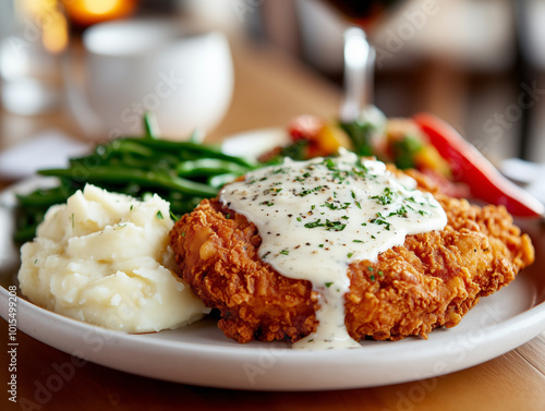 Chicken Fried Steak with creamy gravy, mashed potatoes, green beans, and sauteed vegetables