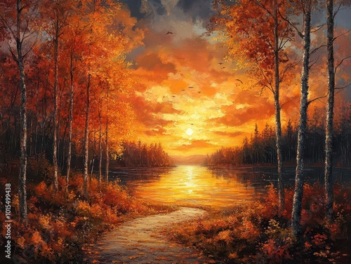 golden sunset filtering through the vibrant autumn woods, illuminating a winding path that invites exploration and reflection in a serene natural setting