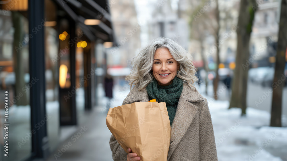 the middle age professional educated lady is walking in the city in classy winter cloth while grocery shopping in the old european city the middle age professional educated lady is walking in the city in classy winter cloth while grocery shopping in the old european city