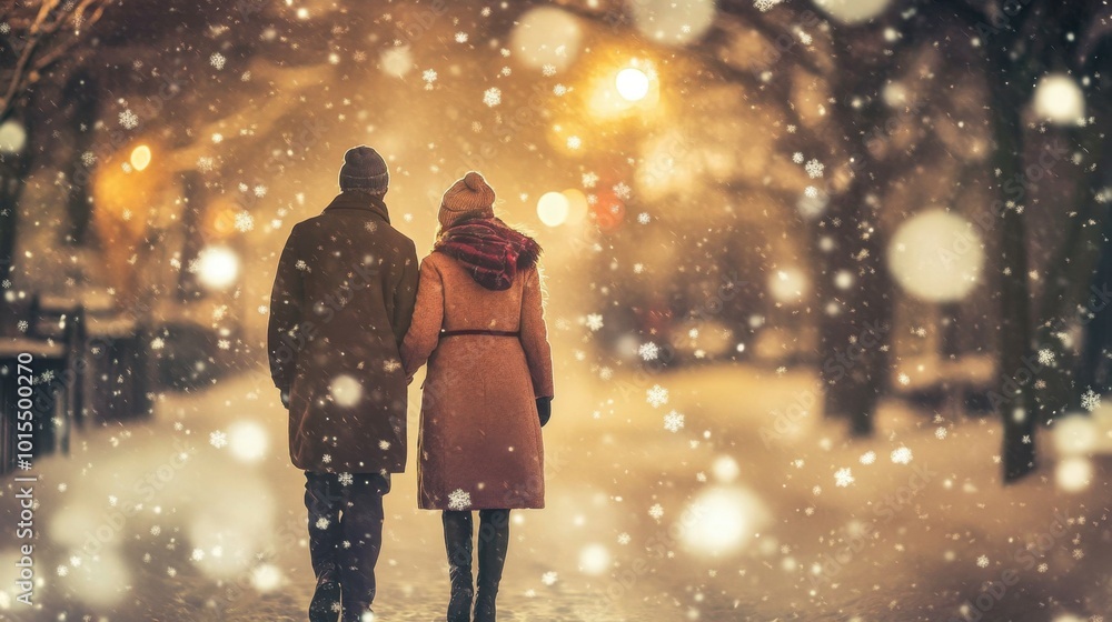 A couple walking hand in hand through a snowfall, bundled in warm coats and scarves, with snowflakes gently falling around them. A couple walking hand in hand through a snowfall, bundled in warm coats and scarves, with snowflakes gently falling around them.