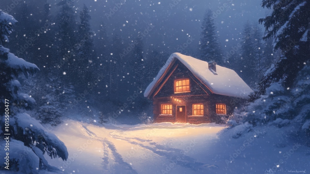 A cozy cabin surrounded by a heavy snowfall, with a warm glow coming from the windows and snow-covered trees in the background. A cozy cabin surrounded by a heavy snowfall, with a warm glow coming from the windows and snow-covered trees in the background.