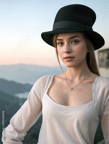 Smiling brunette woman in a vintage hat, posing for a closeup portrait