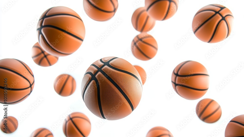 Dynamic display of multicolored basketballs in mid-air capturing energy sports action excitement and athleticism against a pristine white background for visual storytelling Dynamic display of multicolored basketballs in mid-air capturing energy sports action excitement and athleticism against a pristine white background for visual storytelling