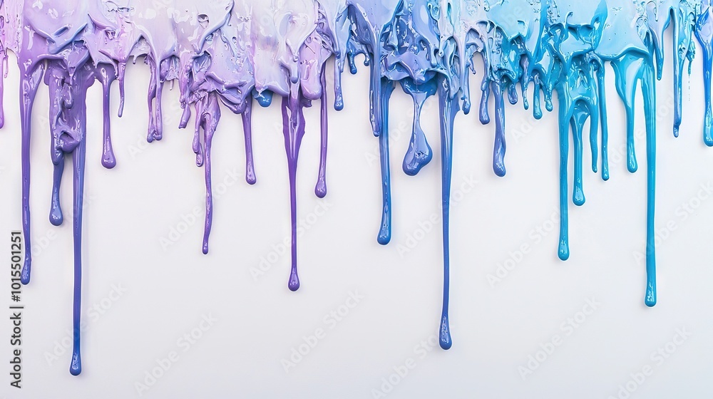 A group of blue and purple drips on a white wall against a white background A group of blue and purple drips on a white wall against a white background