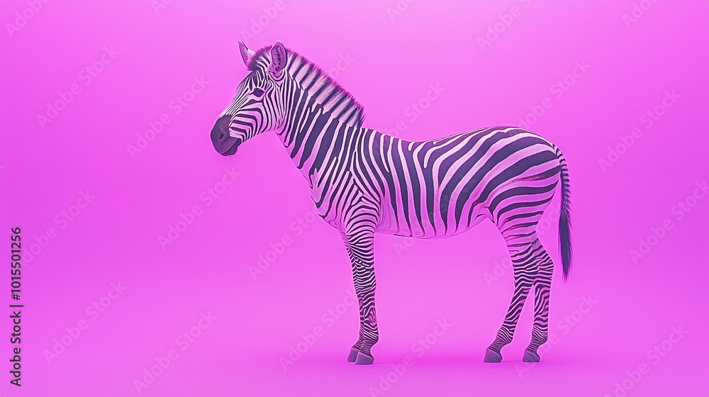 Fototapeta premium A zebra standing in a pink background with a black and white stripe