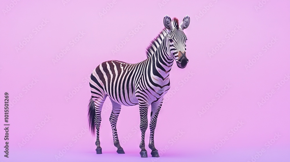 A zebra stands in the middle of a purple and pink background, turning its head to the side A zebra stands in the middle of a purple and pink background, turning its head to the side