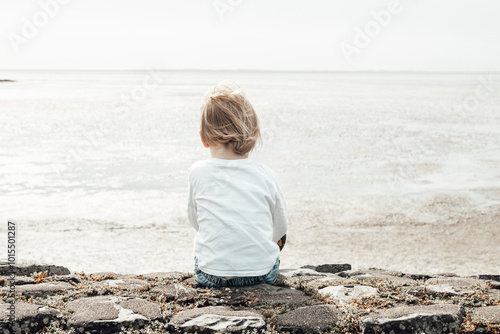 Kind von hinten blickt aufs Wattenmeer  photo