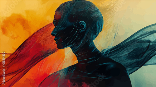 Abstract silhouette of a human figure intertwined with vibrant, flowing lines. Represents fluidity, introspection, and the connection between body and mind.