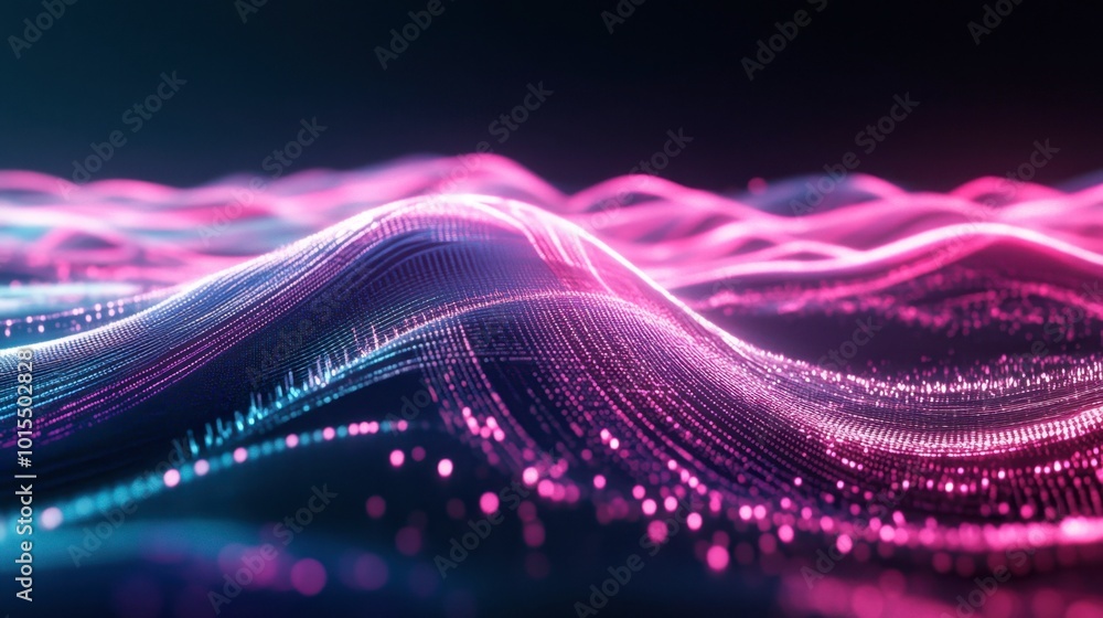 A futuristic wave of glowing lines in cyan and magenta, flowing smoothly across a dark digital landscape. A futuristic wave of glowing lines in cyan and magenta, flowing smoothly across a dark digital landscape.
