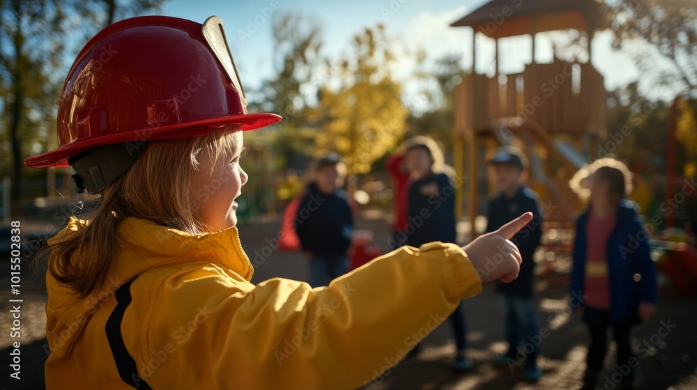 A child dressed as a firefighter points excitedly at friends gathered around a playhouse, pretending to extinguish a fire in a vibrant, sunny backyard A child dressed as a firefighter points excitedly at friends gathered around a playhouse, pretending to extinguish a fire in a vibrant, sunny backyard