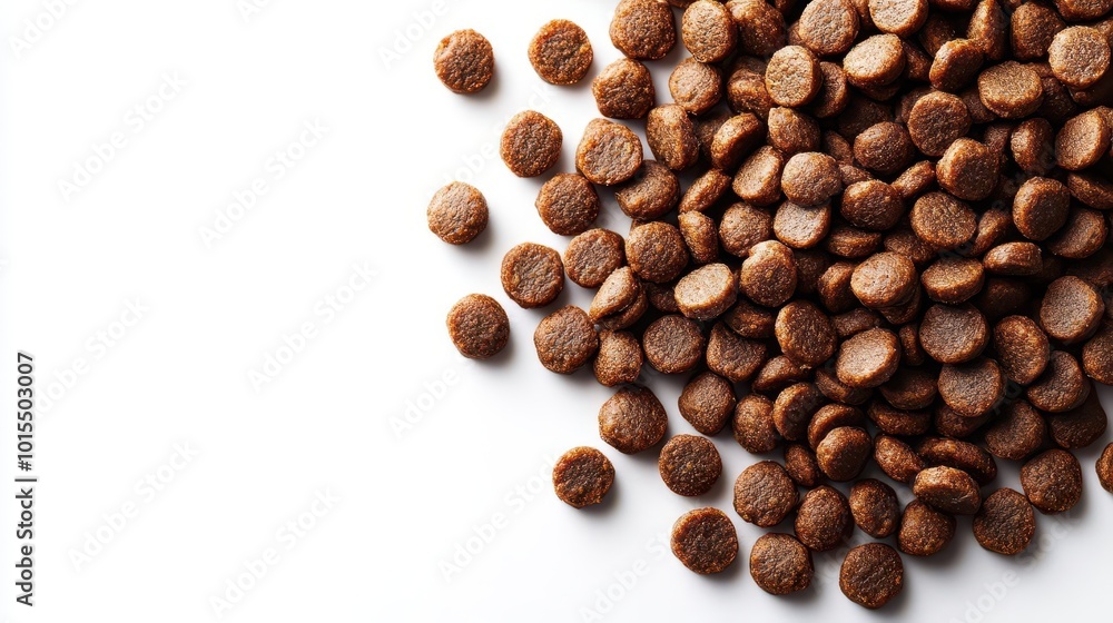 top view of a pile of dry dog food isolated against a white background showcasing texture and color of the kibble ideal for petrelated content clean and simple visual appeal top view of a pile of dry dog food isolated against a white background showcasing texture and color of the kibble ideal for petrelated content clean and simple visual appeal
