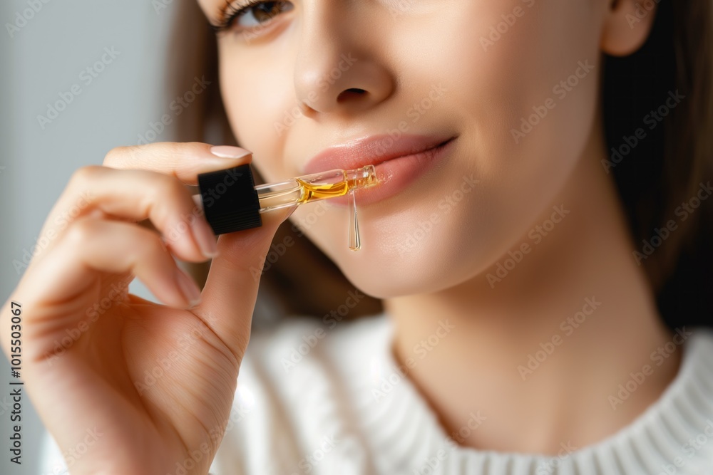 Young adult woman applying lip balm with black tube. Close-up of hand holding cosmetic product, fingers spreading lip ointment on lips. Beautiful caucasian female smiling while moisturizing skin. Young adult woman applying lip balm with black tube. Close-up of hand holding cosmetic product, fingers spreading lip ointment on lips. Beautiful caucasian female smiling while moisturizing skin.
