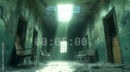 In the eerie, dark hallway of an abandoned asylum, broken doors hang loosely on their hinges. Flickering lights barely illuminate the rusted wheelchairs