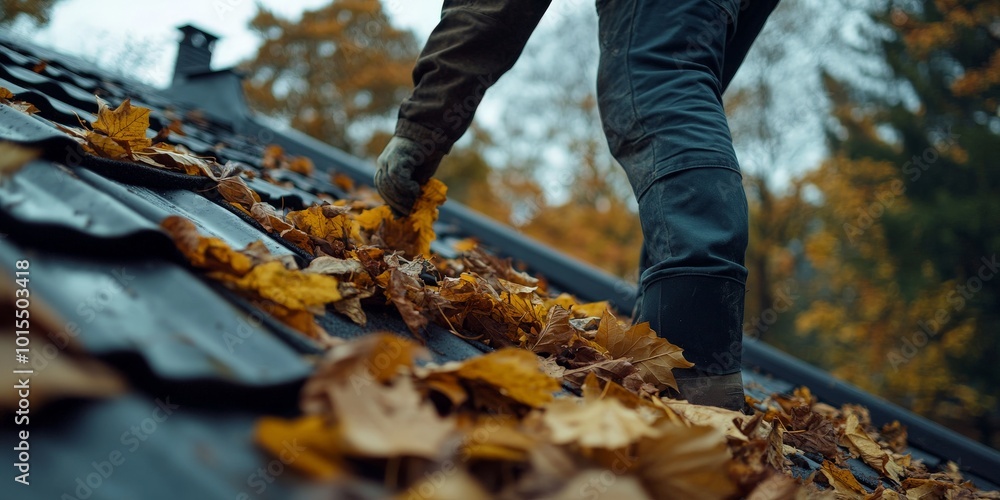 Autumn roof maintenance: hand clearing leaves from gutter in fall Autumn roof maintenance: hand clearing leaves from gutter in fall